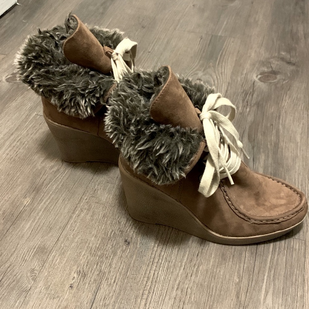 Brown Fur Wedge Ankle Boots